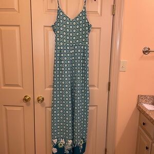 Kaari Blue Green/Blue Skinny Strap Wide Leg Jumper w/Pockets, Tie Waist, Size 14
